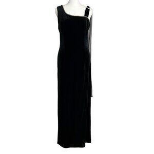 Vintage Isis Black‎ Velvet Sleeveless Embellished Chiffon Drape Maxi Dress (M)